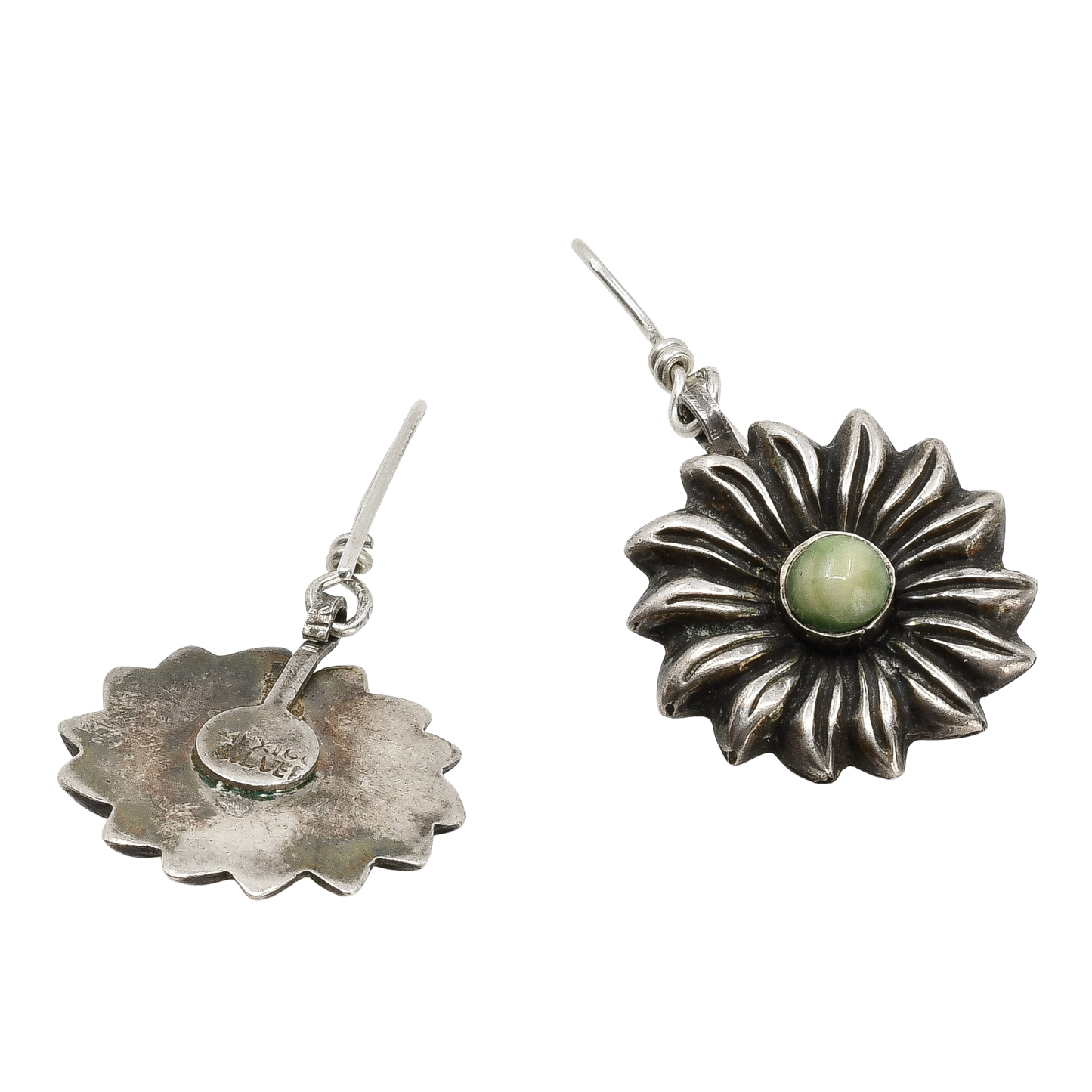 Early Mexican Silver Flower Earrings With Yellow Green Calcite Stone