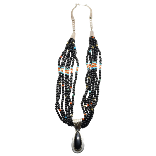 Jake And Irene Livingston Necklace of Onyx Turquoise Coral and Gold Beads