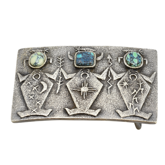 Lee Begay Silver Tufa Cast Buckle With Three Figures and Turquoise