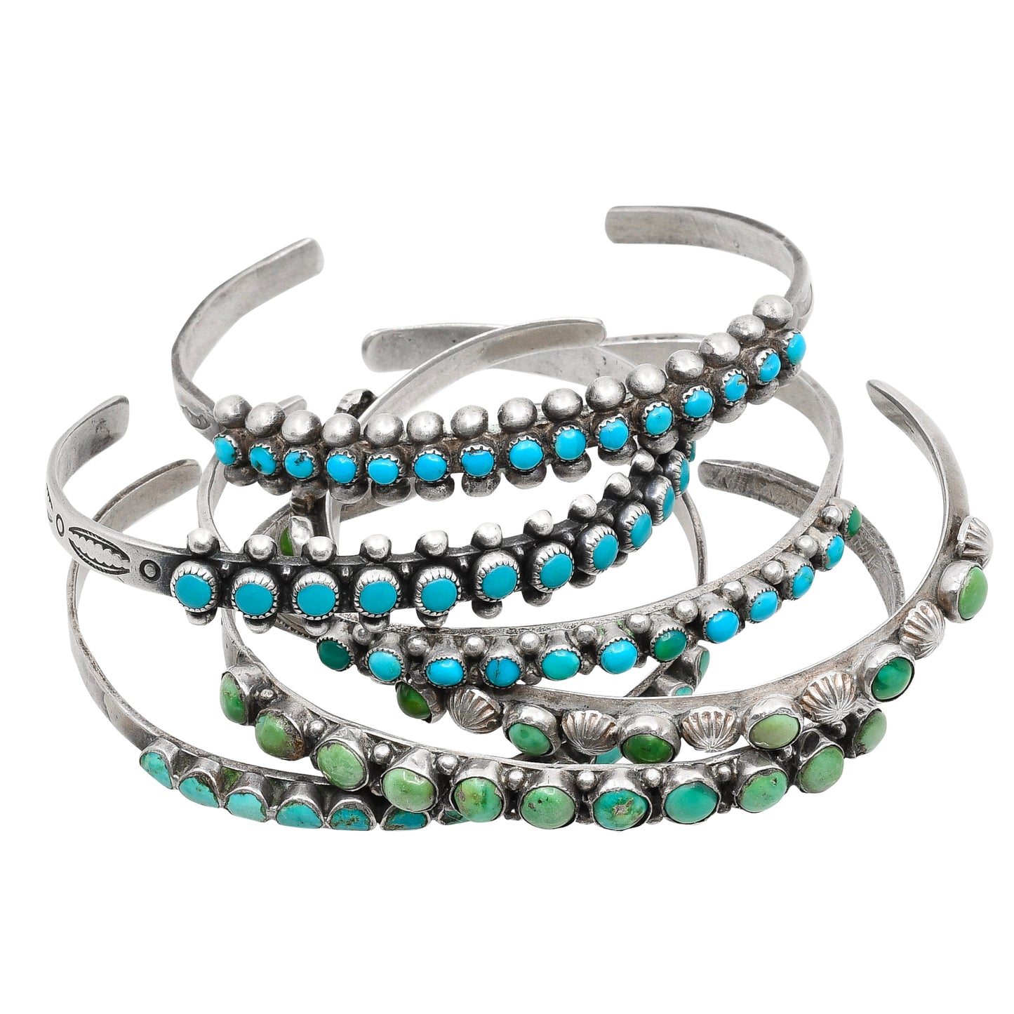 Vintage Narrow Zuni Row Bracelet With Flush Inlay Turquoise Stones