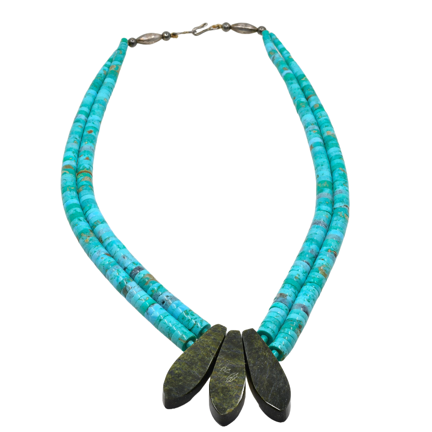 Turquoise Necklace with Inlay Feather Pendants by Rudy Coriz