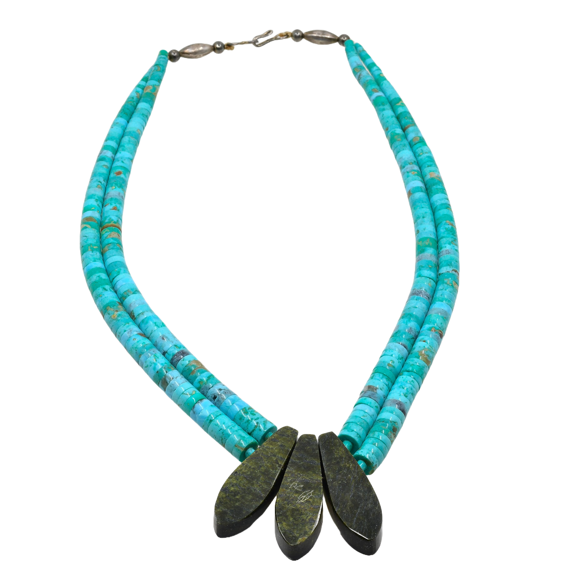 Turquoise Necklace with Inlay Feather Pendants by Rudy Coriz