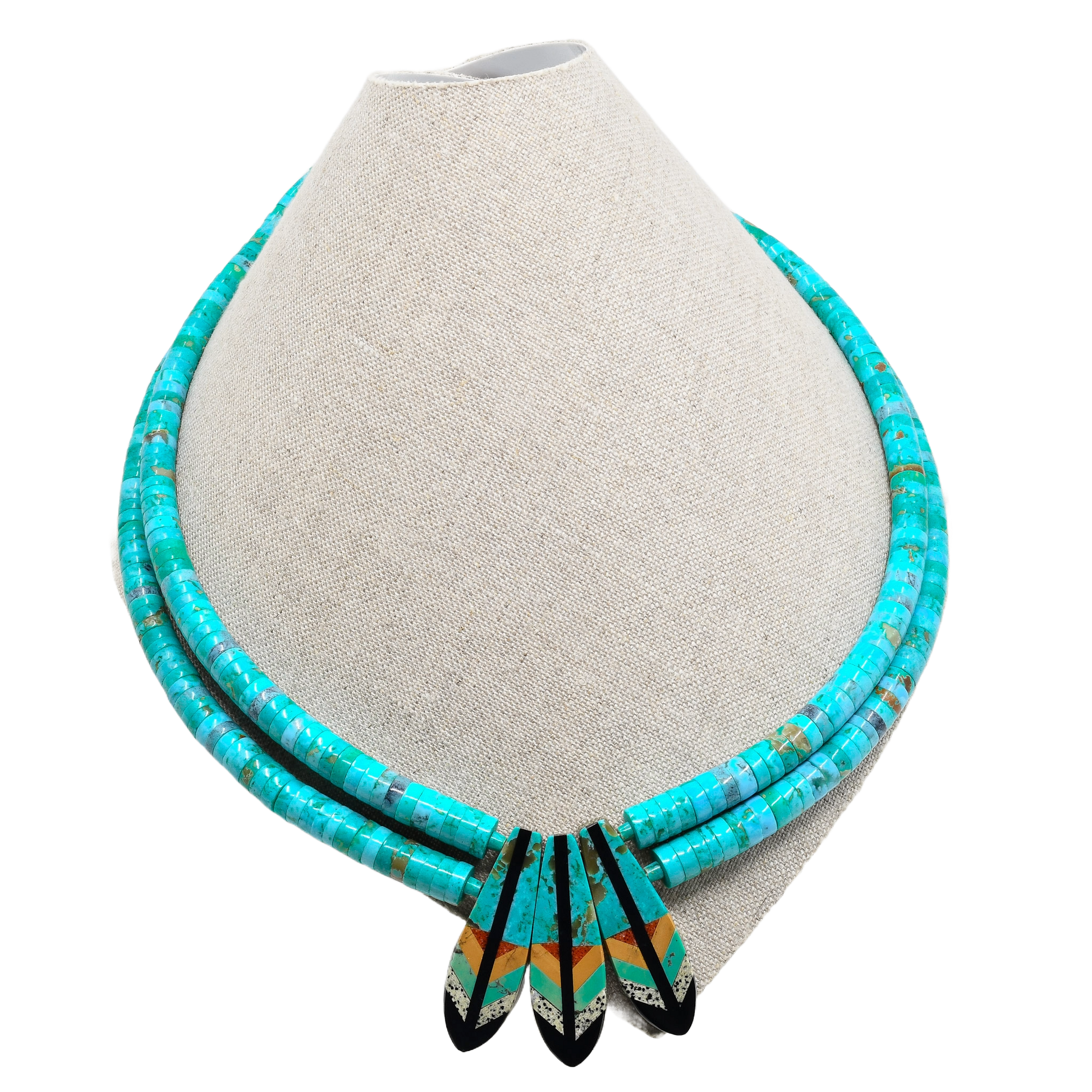Turquoise Necklace with Inlay Feather Pendants by Rudy Coriz