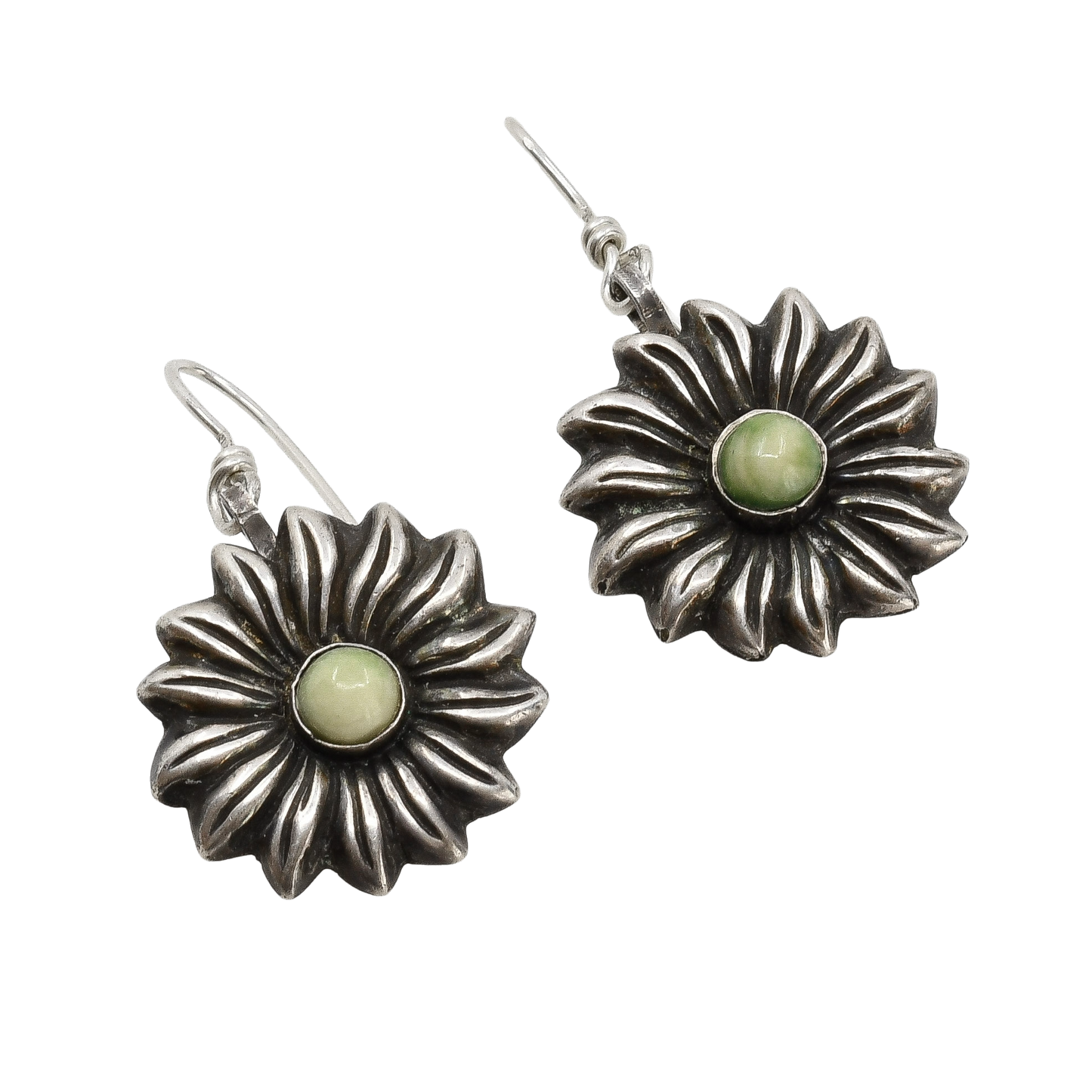 Early Mexican Silver Flower Earrings With Yellow Green Calcite Stone