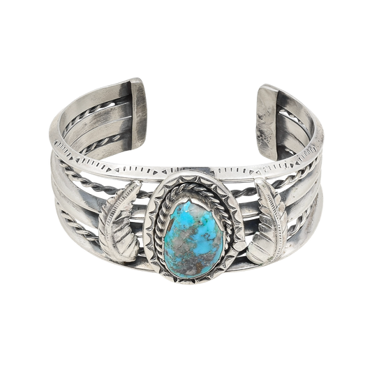 Vintage Navajo Cuff With Turquoise Stone and Leaf Work