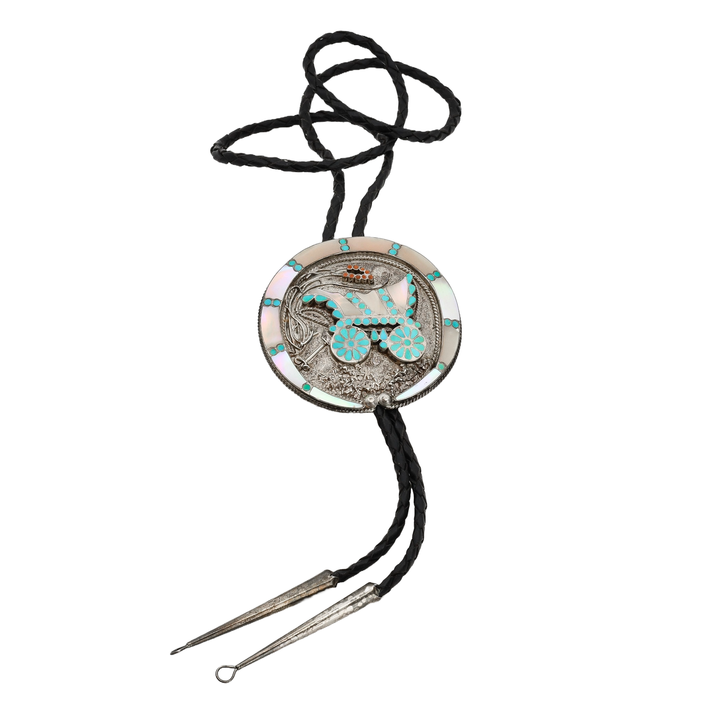 Vintage Zuni Inlay Bolo of A Covered Wagon by Vincent And Marvina Dishta