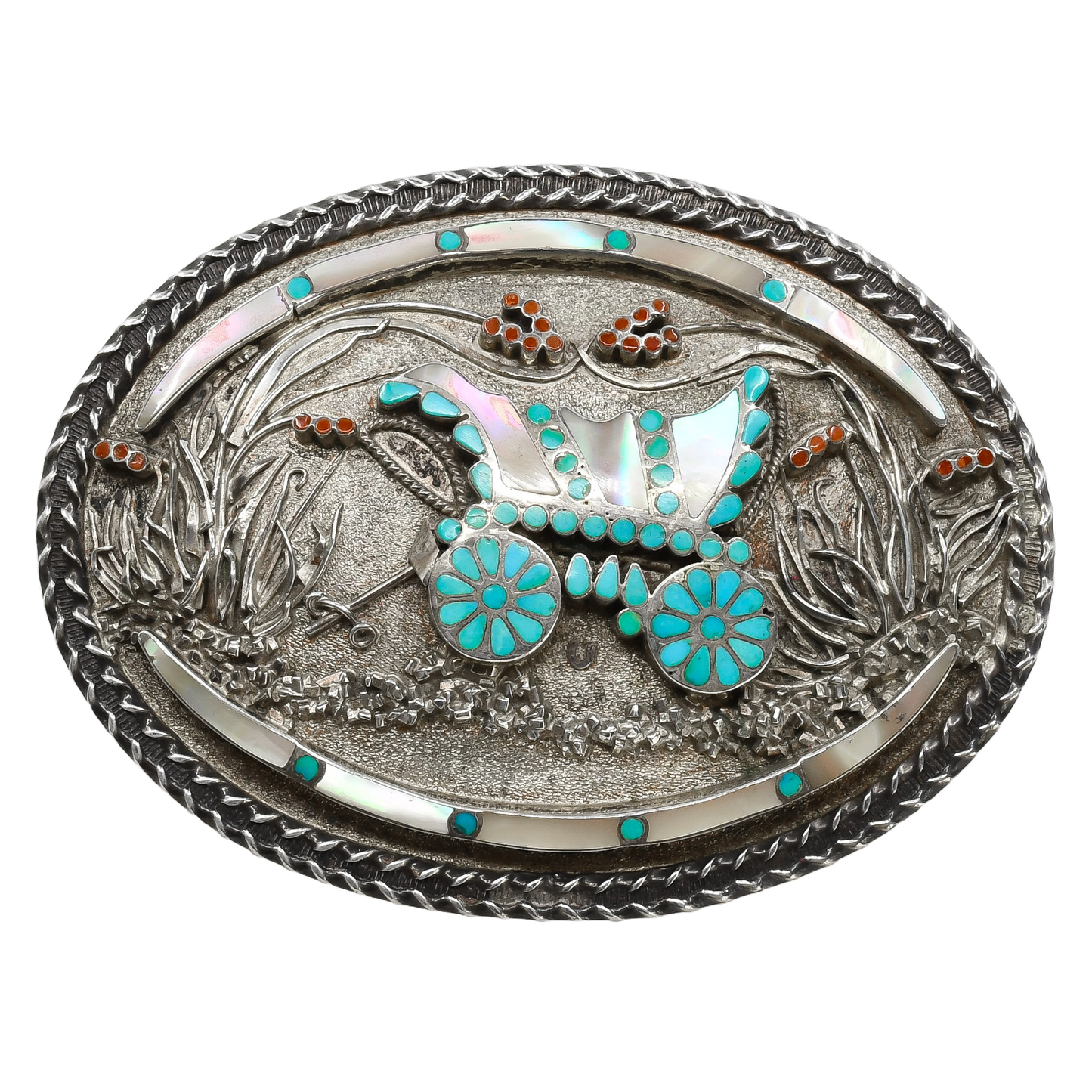 Vintage Zuni Inlay Buckle of A Covered Wagon by Vincent and Marvina Dishta
