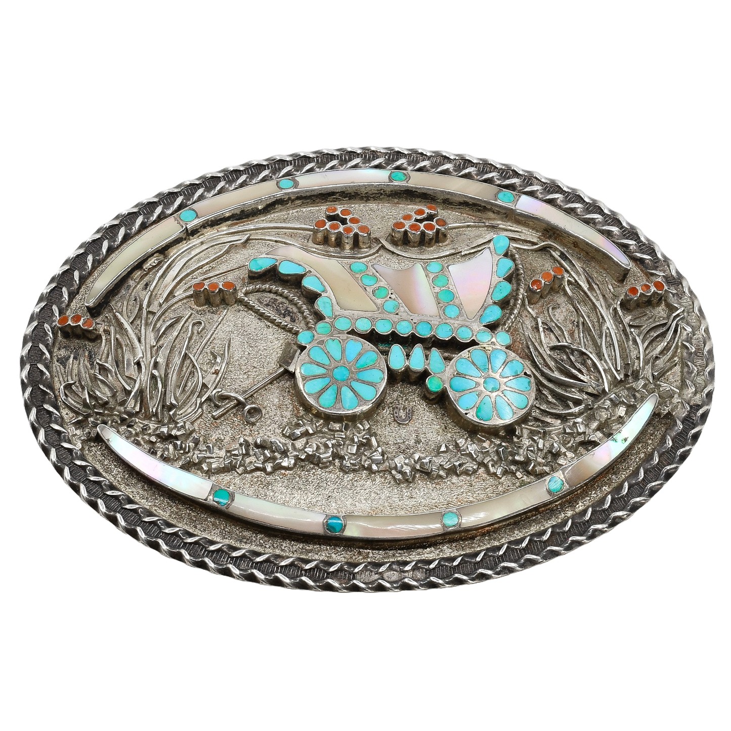 Vintage Zuni Inlay Buckle of A Covered Wagon by Vincent and Marvina Dishta