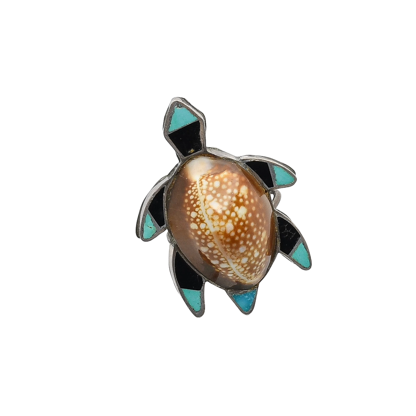 Vintage Zuni Turtle Ring of Inlaid Jet and Turquoise With Shell