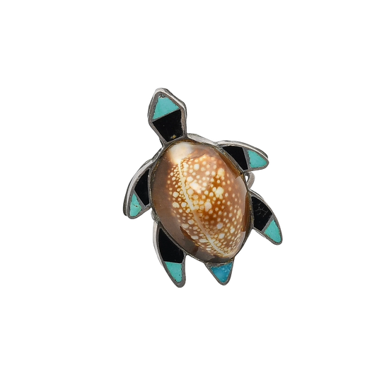 Vintage Zuni Turtle Ring of Inlaid Jet and Turquoise With Shell