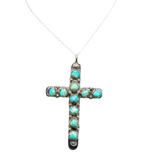 Vintage Navajo Cross Pendant Reversible Turquoise or Coral Turquoise Side