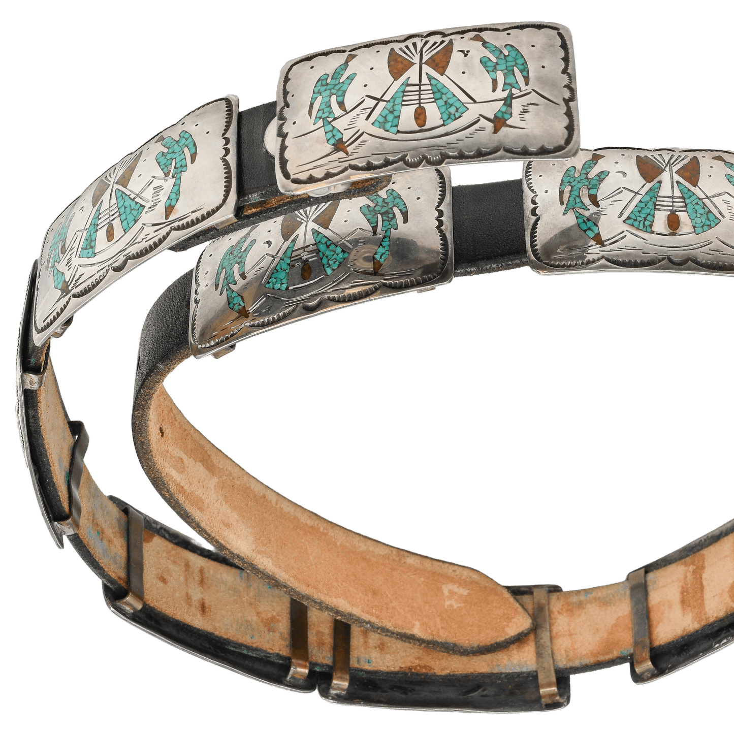 Early Tommy Singer Belt With Chip Inlay Waterbirds - Turquoise & Tufa