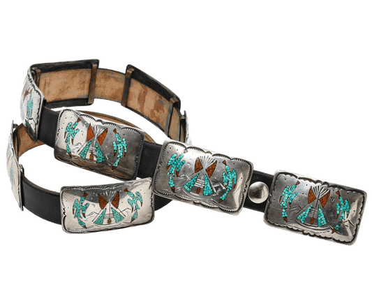 Early Tommy Singer Belt With Chip Inlay Waterbirds - Turquoise & Tufa