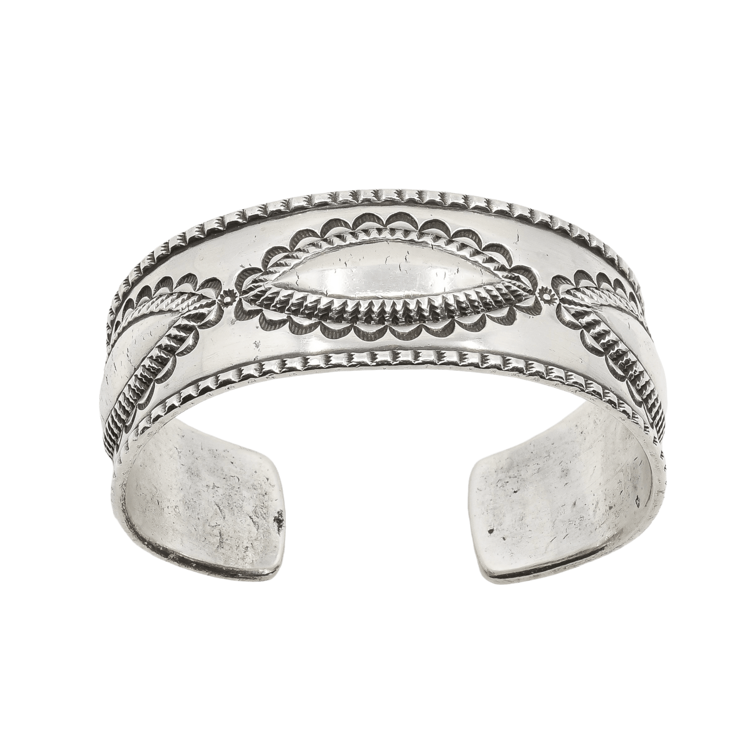 Heavy Navajo Coin Silver Repousse Bracelet by Perry Shorty - Turquoise & Tufa