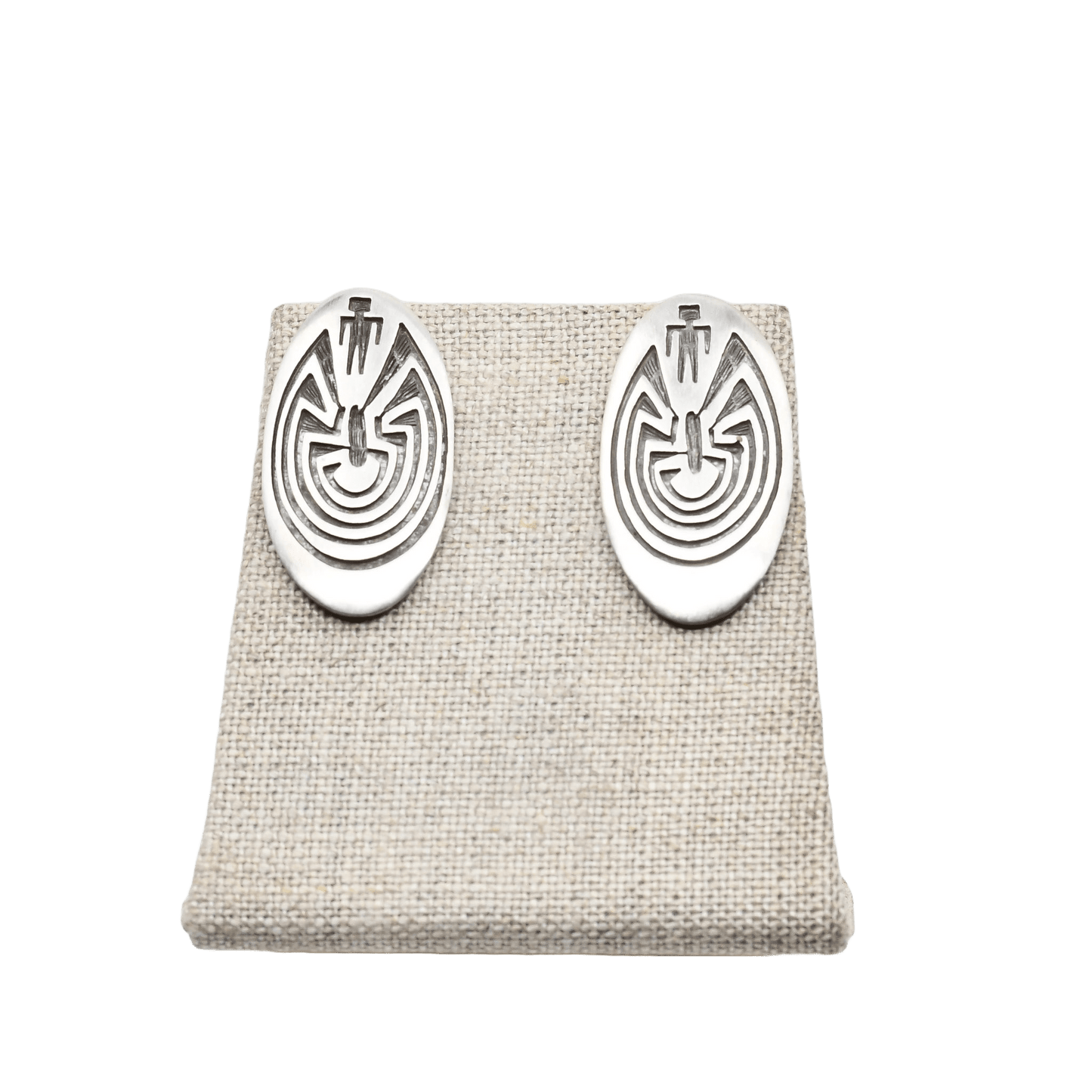 Hopi Silver Overlay Man in the Maze Earrings by Loren Sakeva (Qumawunu) - Turquoise & Tufa