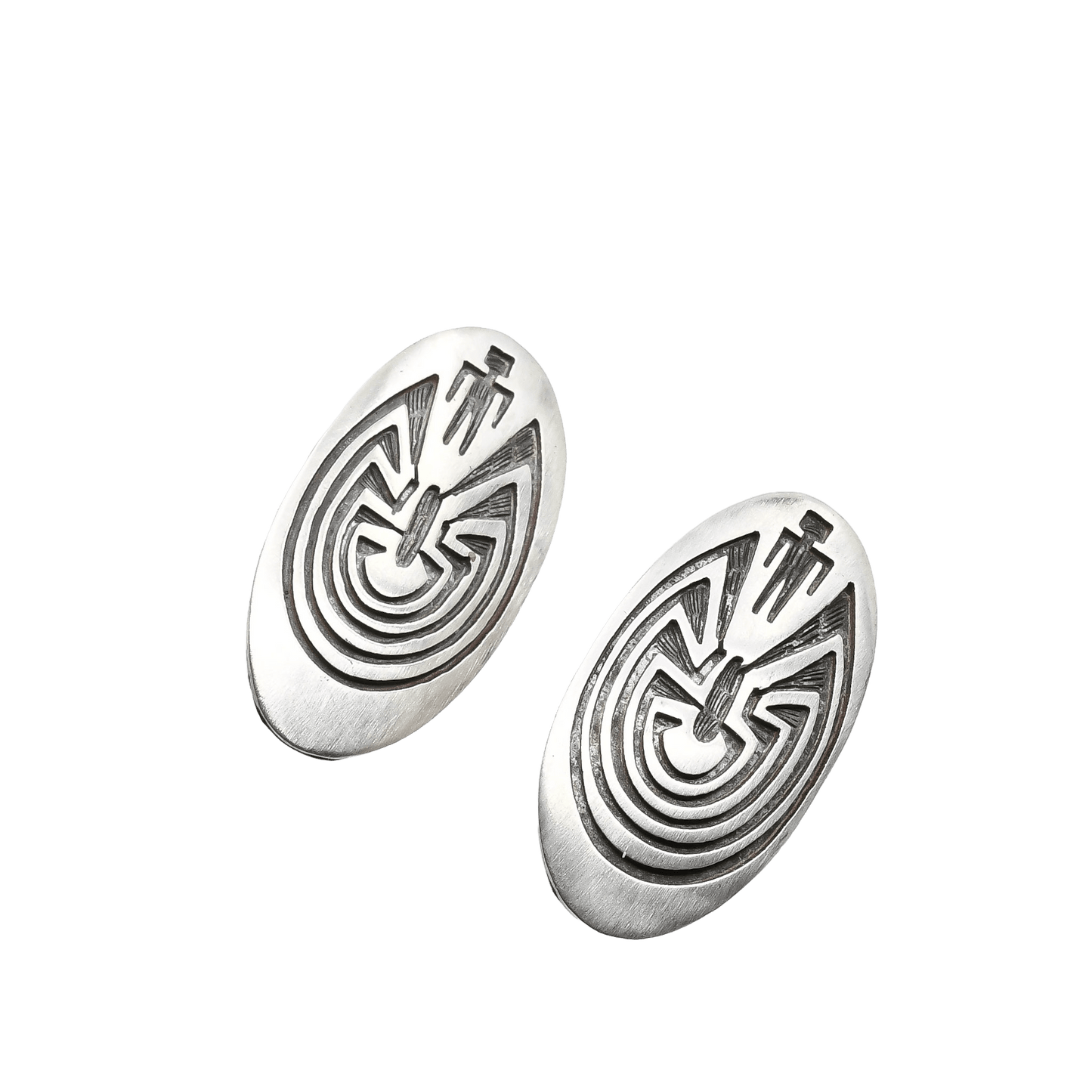 Hopi Silver Overlay Man in the Maze Earrings by Loren Sakeva (Qumawunu) - Turquoise & Tufa