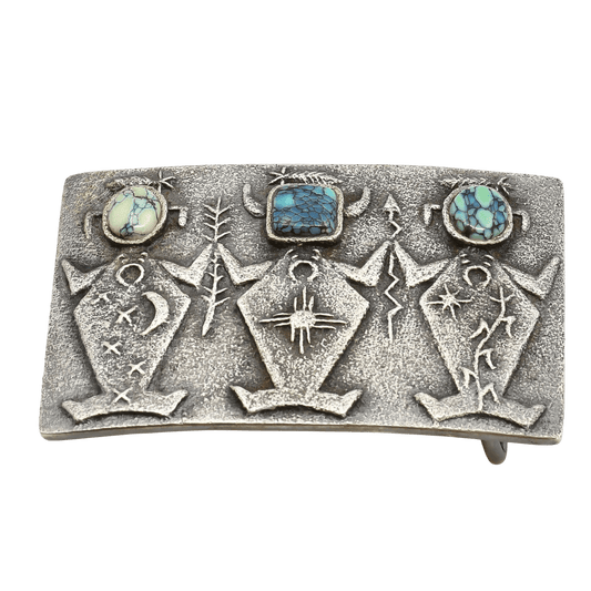 Lee Begay Silver Tufa Cast Buckle With Three Figures and Turquoise - Turquoise & Tufa