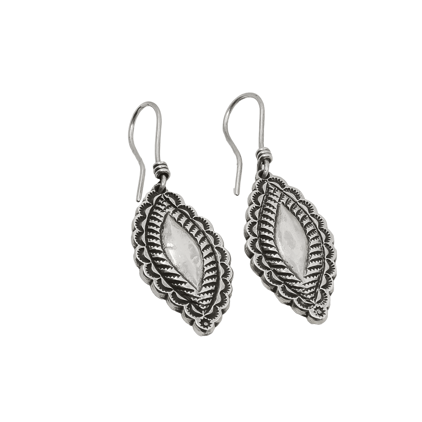 Navajo Coin Silver Earrings by Perry Shorty of Dangling Silver Repousse - Turquoise & Tufa