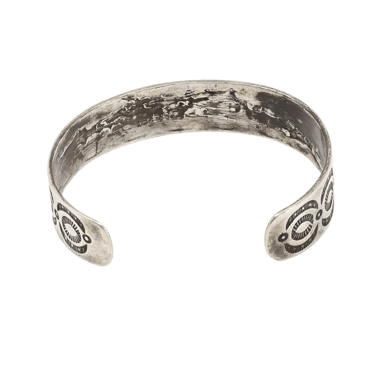 Old Navajo Silver Bracelet With Repeating Crescent and Eye Stamp Work - Turquoise & Tufa