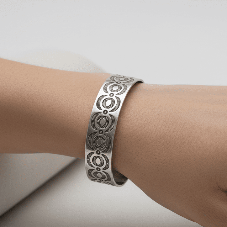 Old Navajo Silver Bracelet With Repeating Crescent and Eye Stamp Work - Turquoise & Tufa