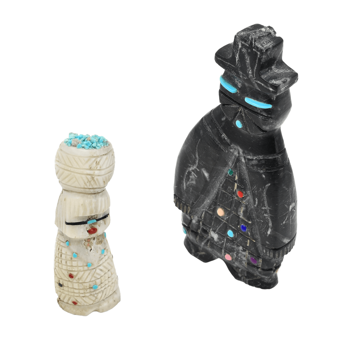 Pair of Hand Carved Zuni Maiden Fetish Figures - Turquoise & Tufa