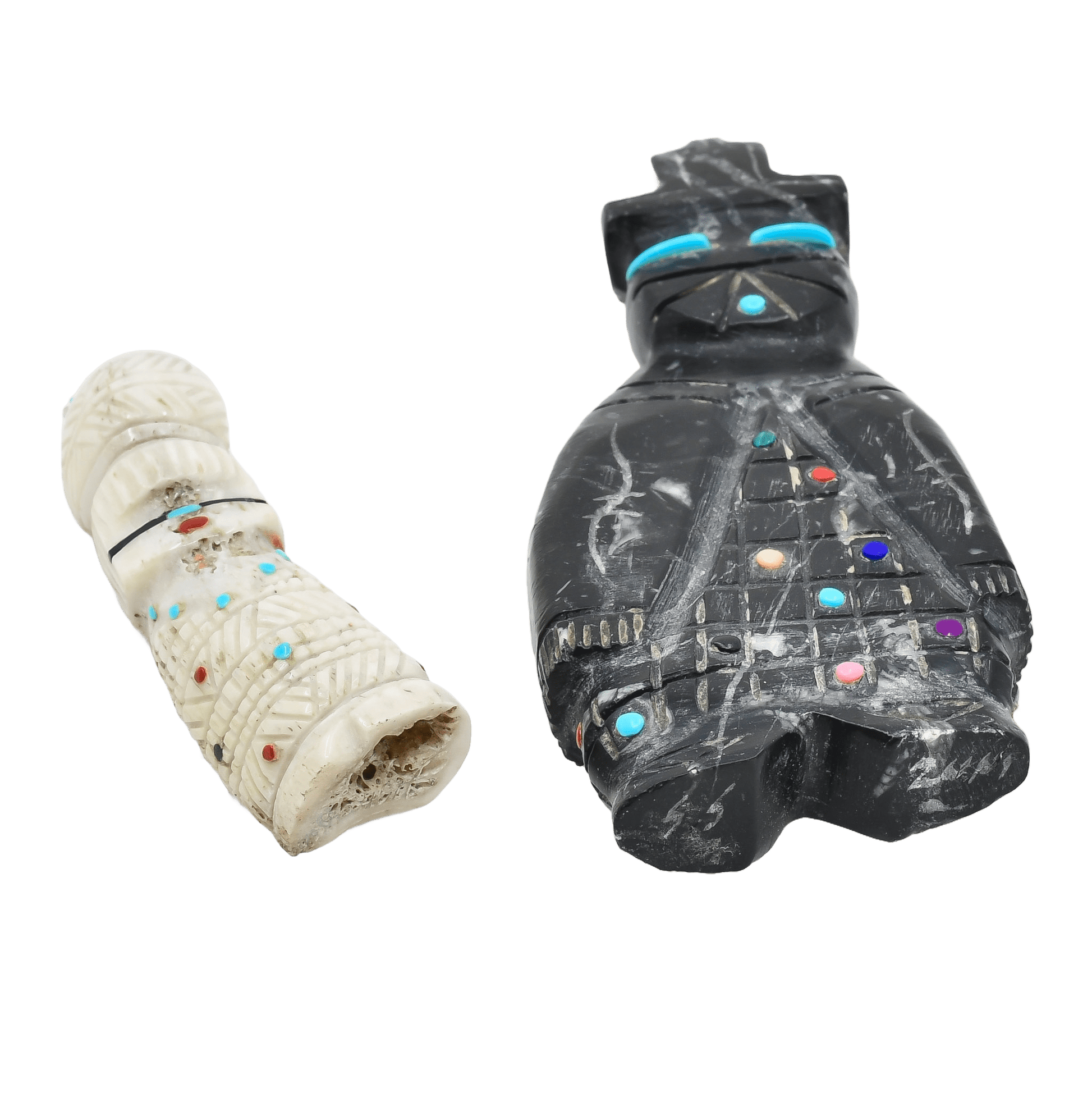 Pair of Hand Carved Zuni Maiden Fetish Figures - Turquoise & Tufa