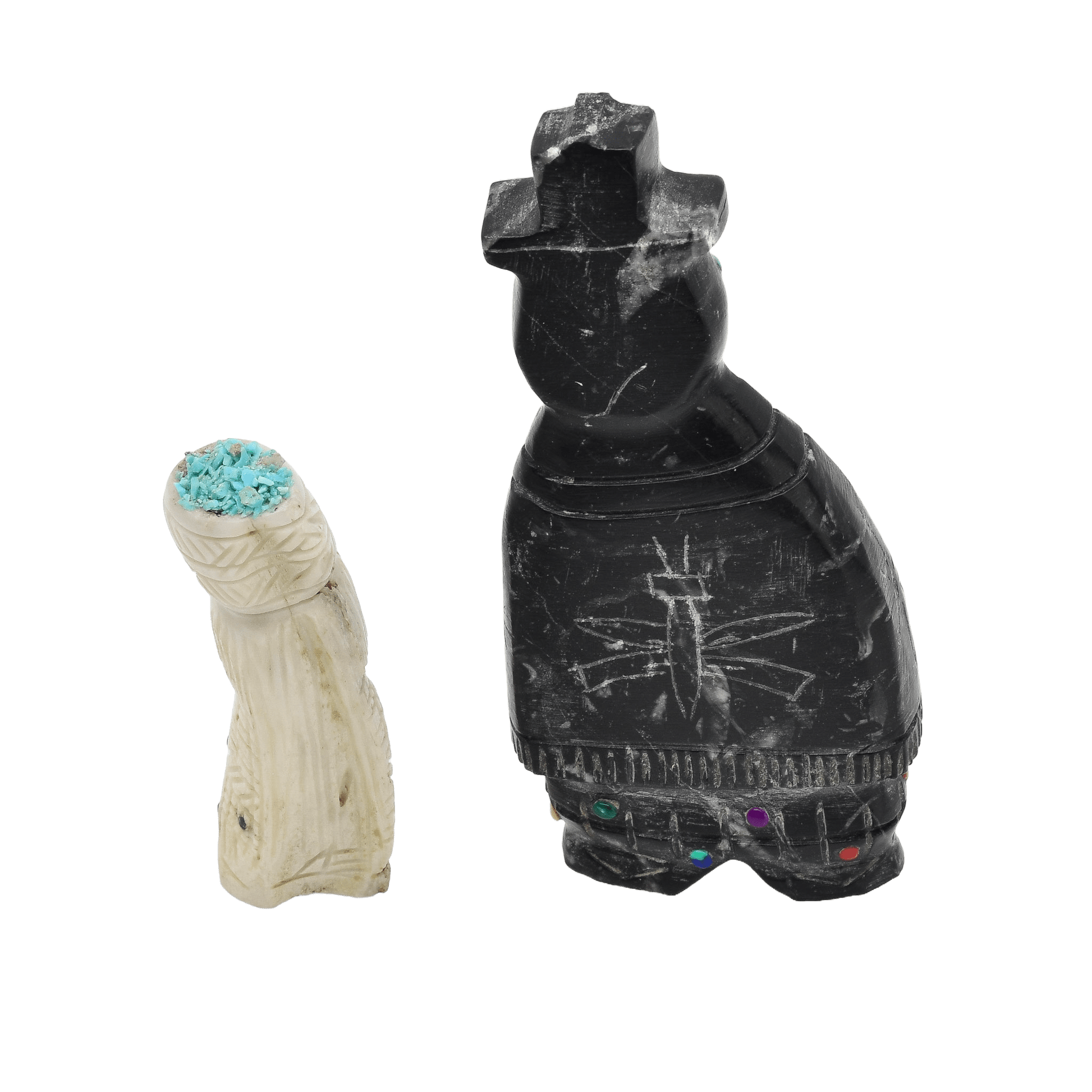 Pair of Hand Carved Zuni Maiden Fetish Figures - Turquoise & Tufa