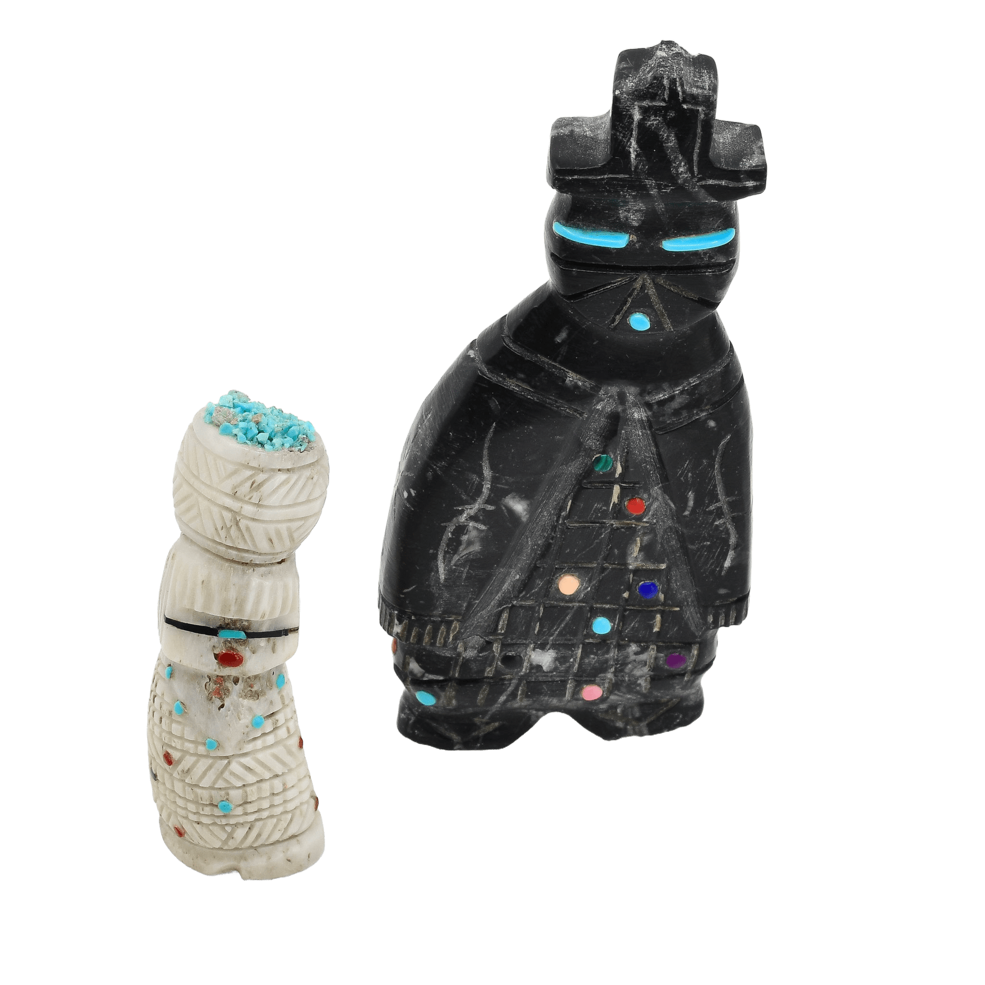 Pair of Hand Carved Zuni Maiden Fetish Figures - Turquoise & Tufa