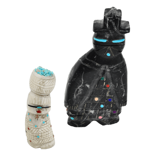 Pair of Hand Carved Zuni Maiden Fetish Figures - Turquoise & Tufa