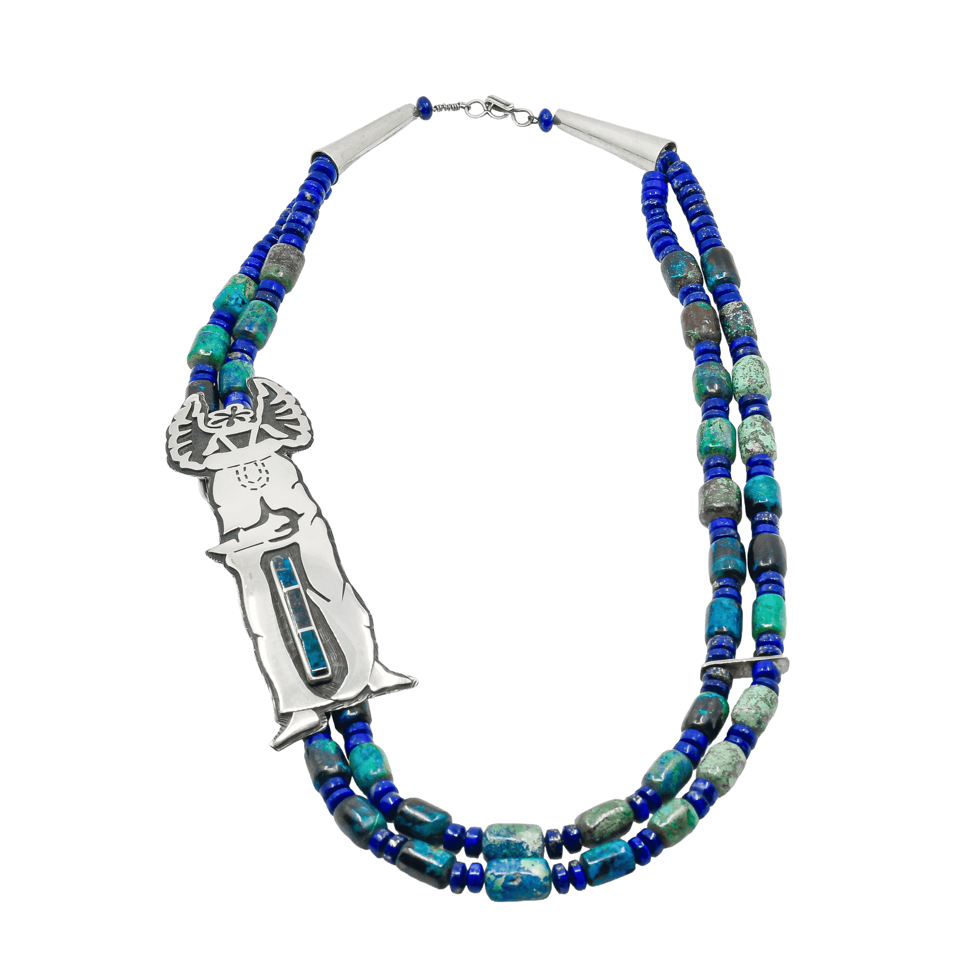 Phil Sekaquaptewa Necklace of Crow Mother Katsina and Azurite Beads - Turquoise & Tufa