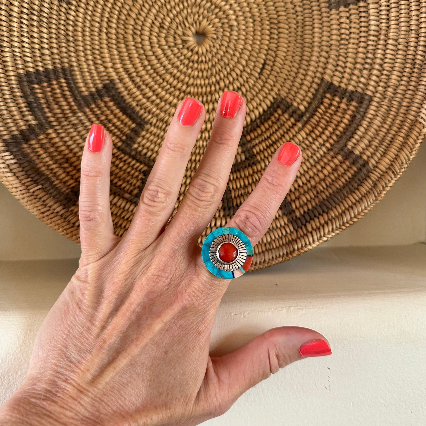 Richard Begay Ring of Turquoise Inlay - Turquoise & Tufa