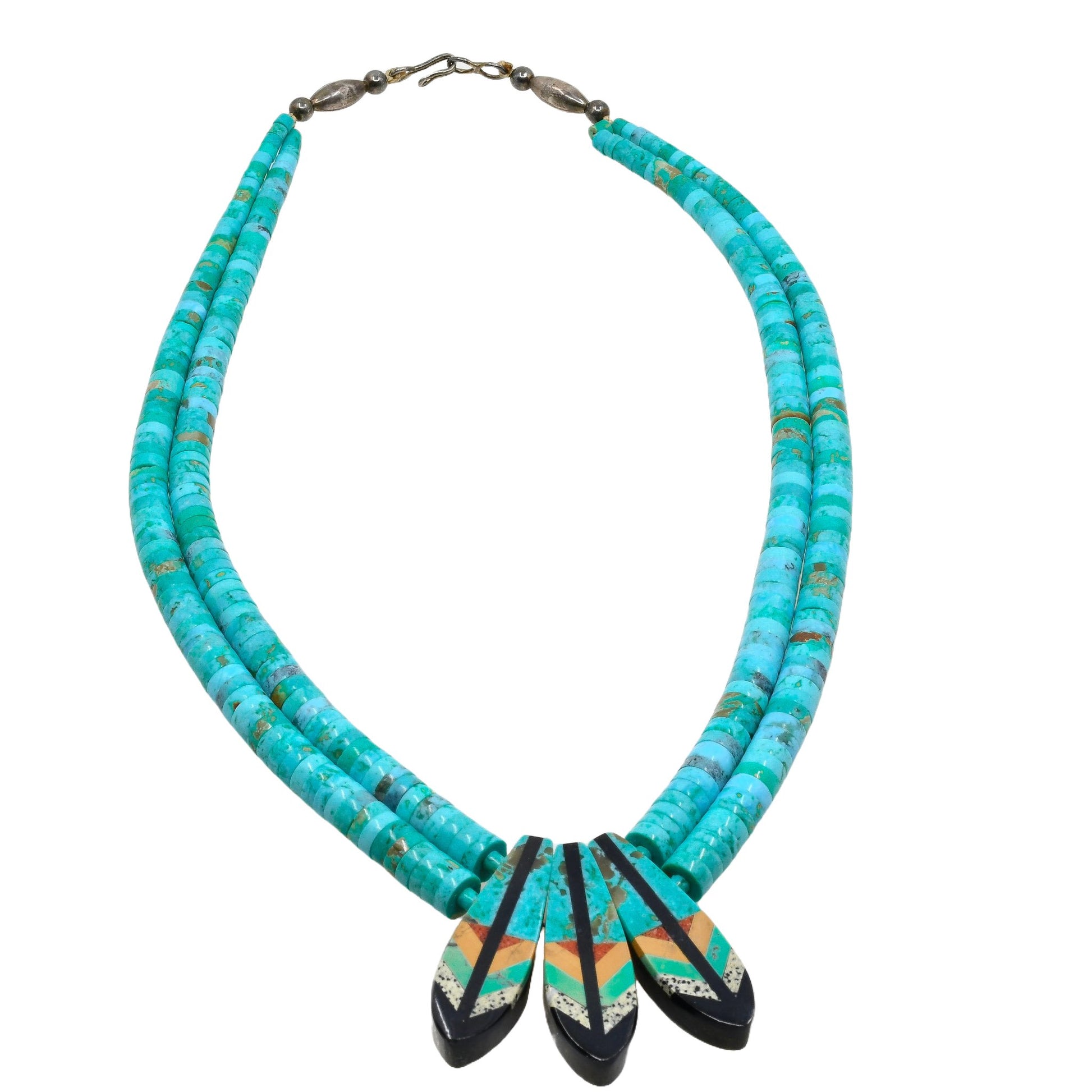 Turquoise Necklace with Inlay Feather Pendants by Rudy Coriz - Turquoise & Tufa