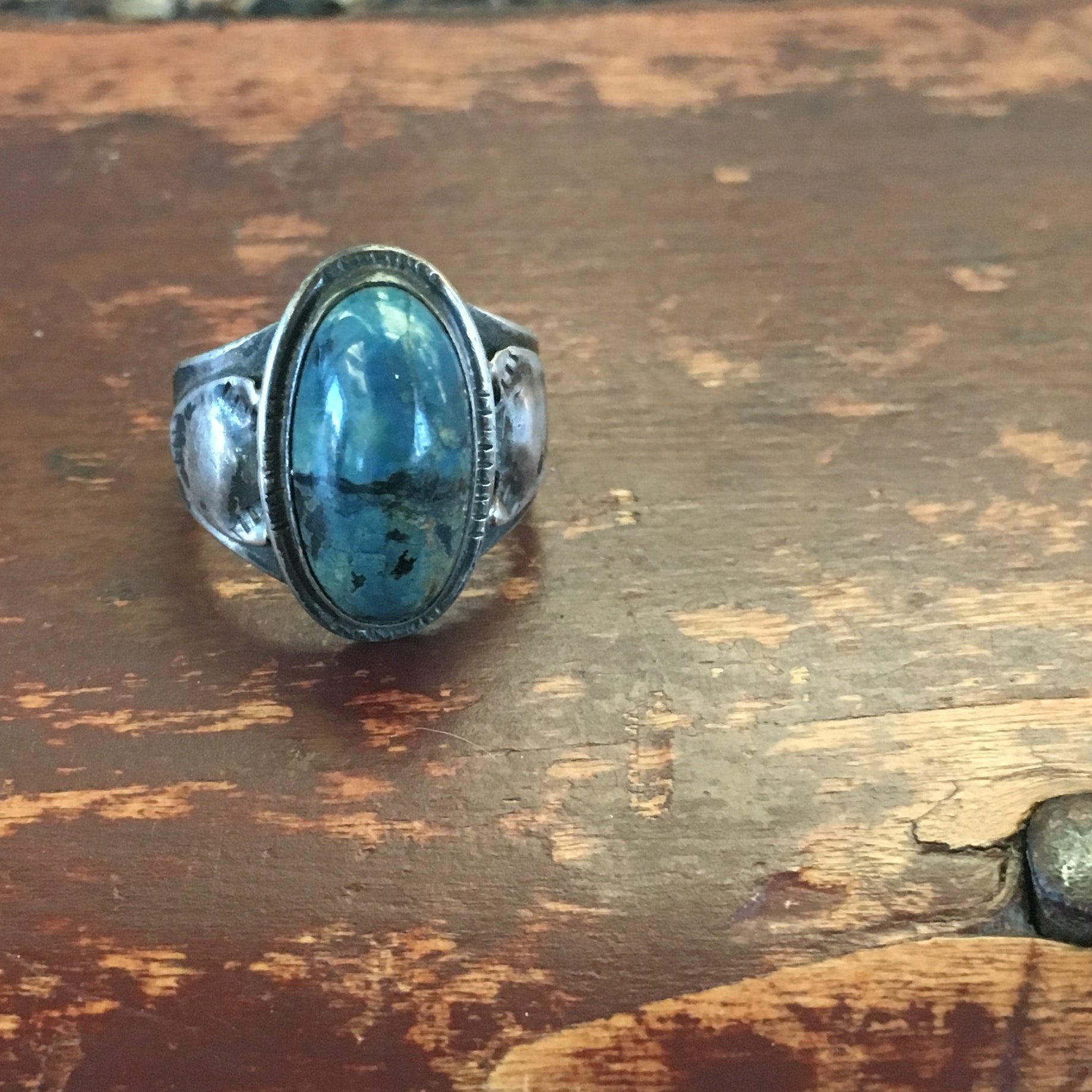 Vintage Arts and Crafts Chrysocolla Ring - Turquoise & Tufa