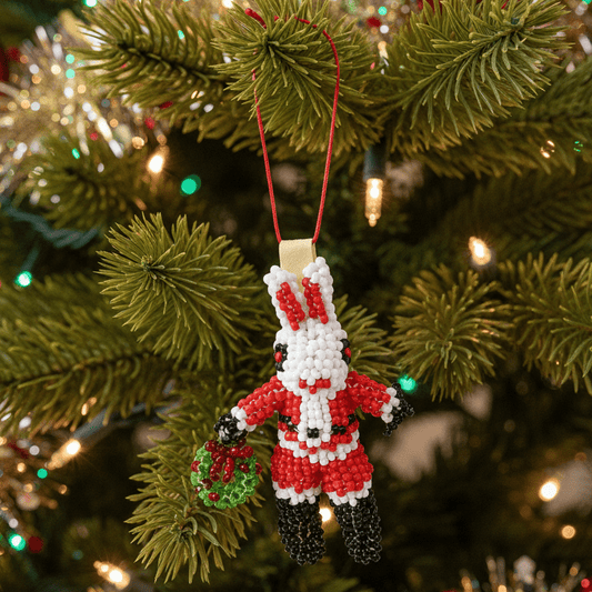 Vintage Hand Beaded Zuni Santa Bunny Ornament - Turquoise & Tufa