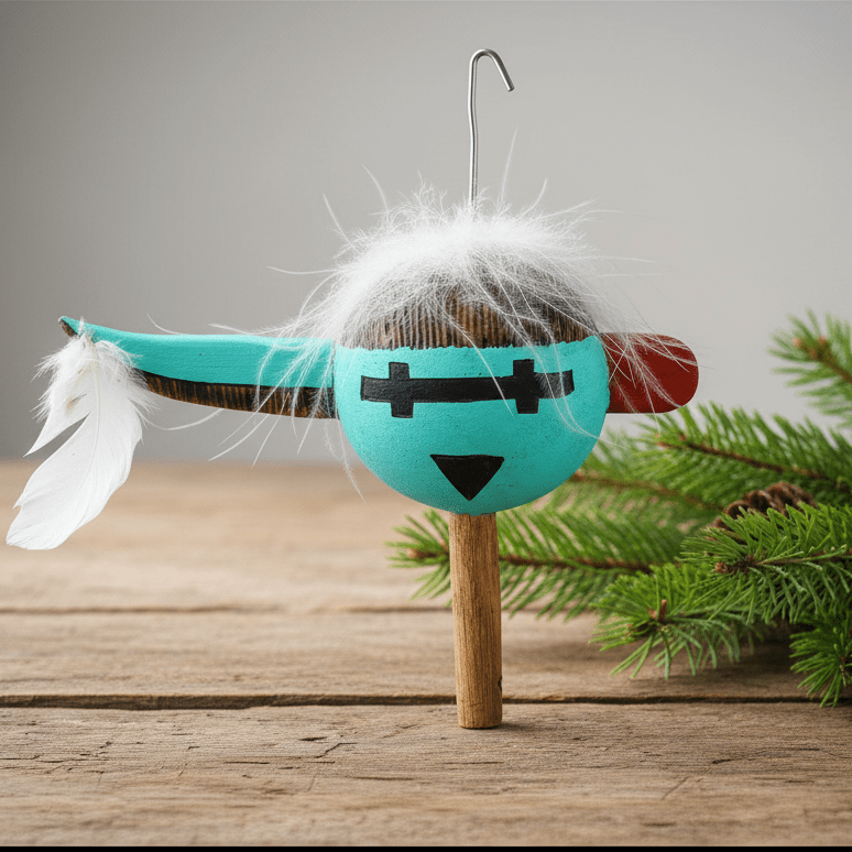 Vintage Hopi One Horned Katsina Rattle Christmas Ornament - Turquoise & Tufa