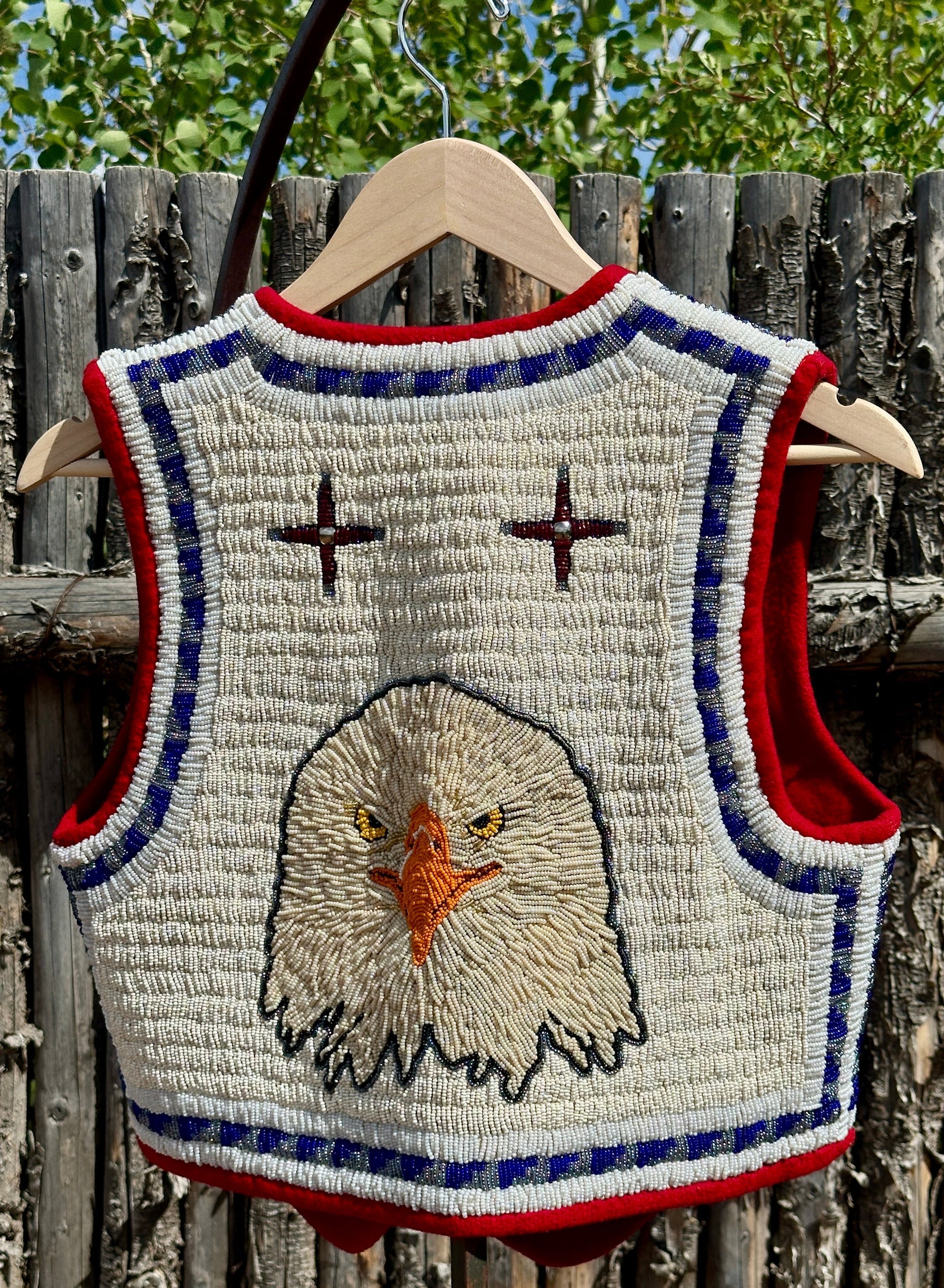 Vintage Ken Taylor Pictorial Beaded Vest With Eagle Eastern Woodlands - Turquoise & Tufa