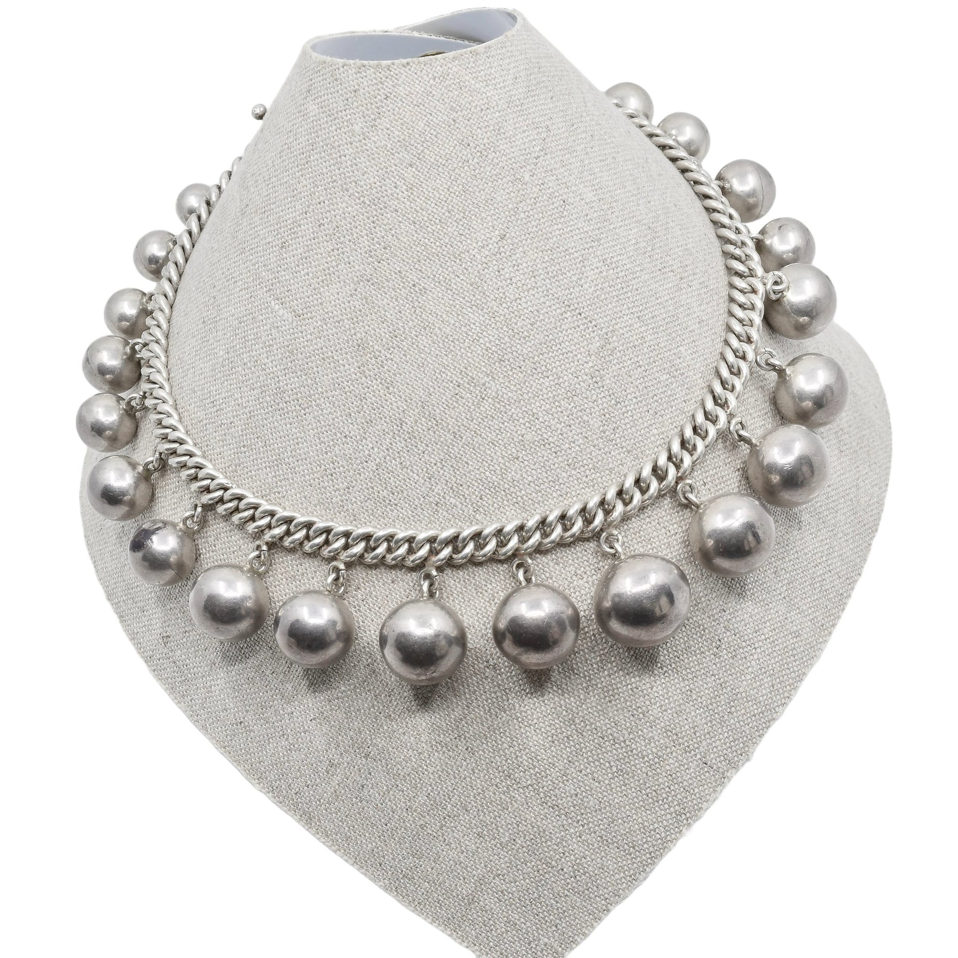 Vintage Mexican Silver Los Castillo Taxco Necklace of Silver Beads - Turquoise & Tufa