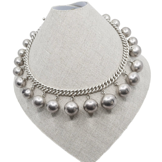 Vintage Mexican Silver Los Castillo Taxco Necklace of Silver Beads - Turquoise & Tufa