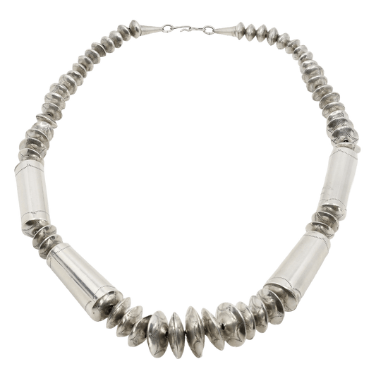 Vintage Navajo Bead Necklace of Graduated Disc Beads and Barrel Beads - Turquoise & Tufa