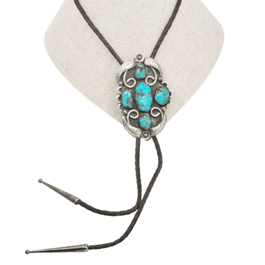 Vintage Navajo Bolo With Turquoise and Silver Leaf Work - Turquoise & Tufa
