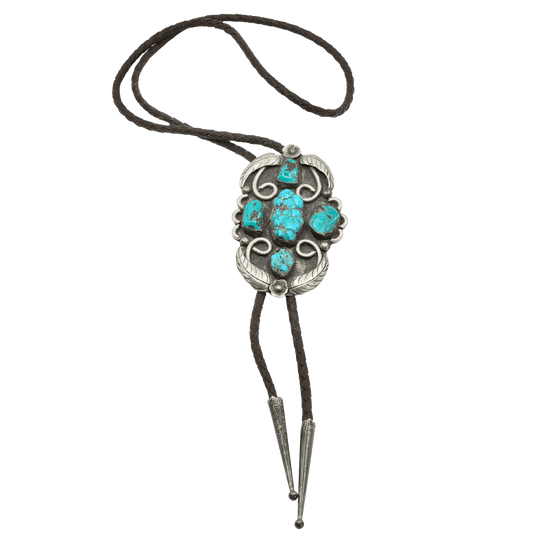 Vintage Navajo Bolo With Turquoise and Silver Leaf Work - Turquoise & Tufa