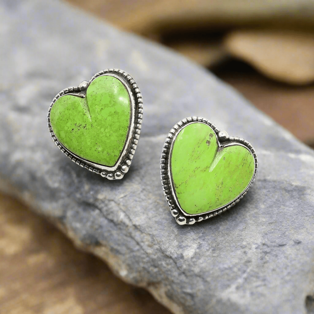 Vintage Navajo Earrings of Green Gaspeite and Silver Hearts - Turquoise & Tufa