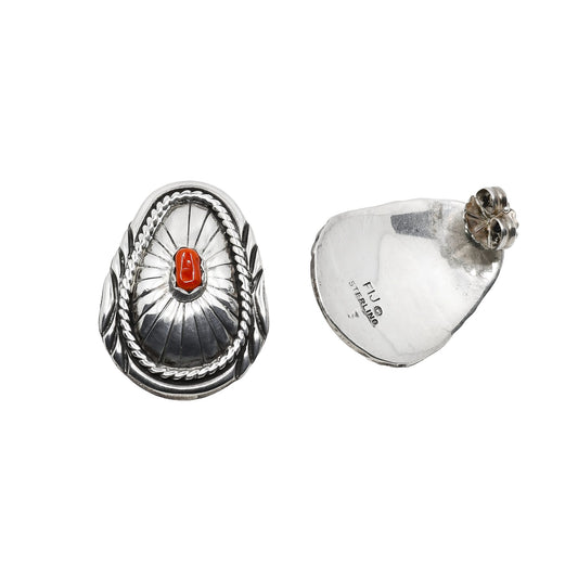Vintage Navajo Earrings of Silver and Coral Conchos - Turquoise & Tufa