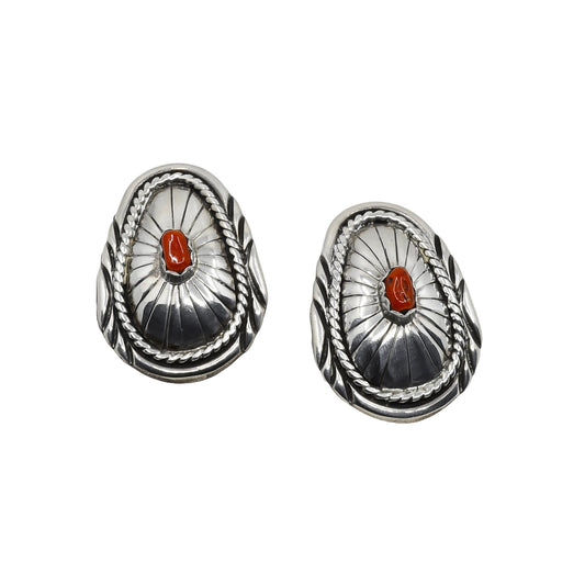 Vintage Navajo Earrings of Silver and Coral Conchos - Turquoise & Tufa
