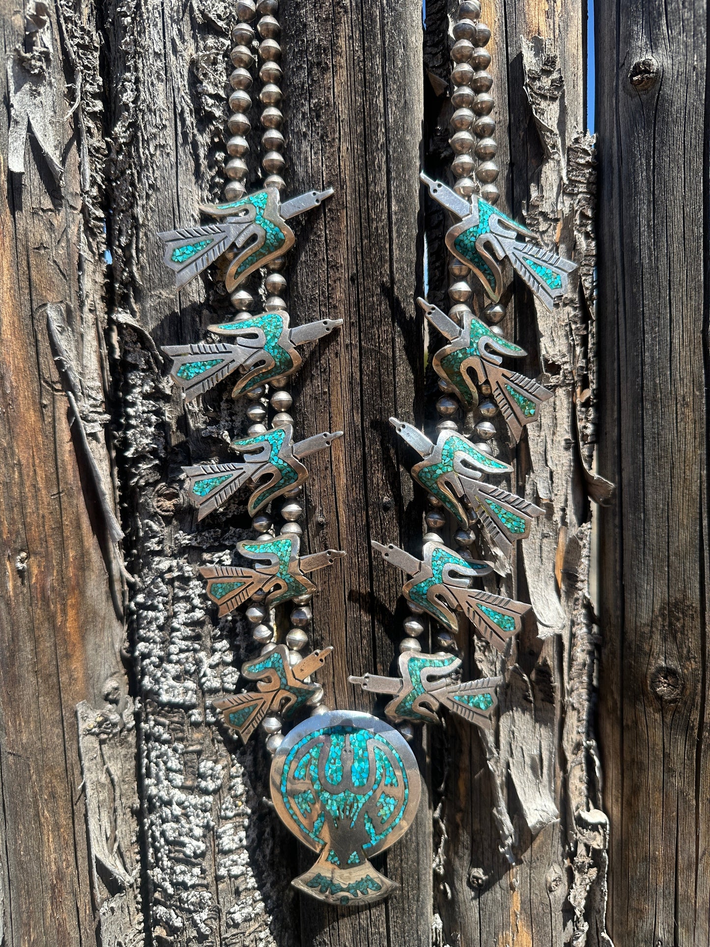 Vintage Navajo Necklace of Turquoise Inlay Water Birds Squash Blossom Style - Turquoise & Tufa