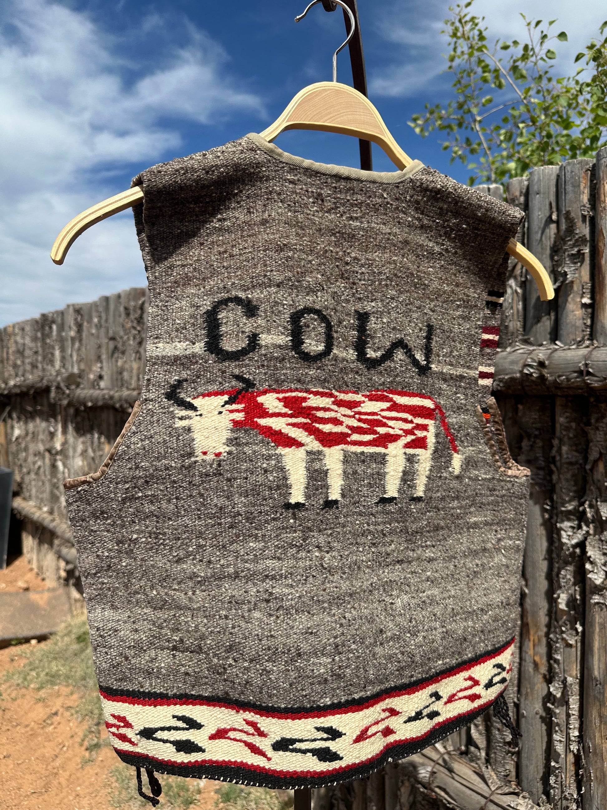 Vintage Navajo Pictorial Cow Vest of Handwoven Wool - Turquoise & Tufa