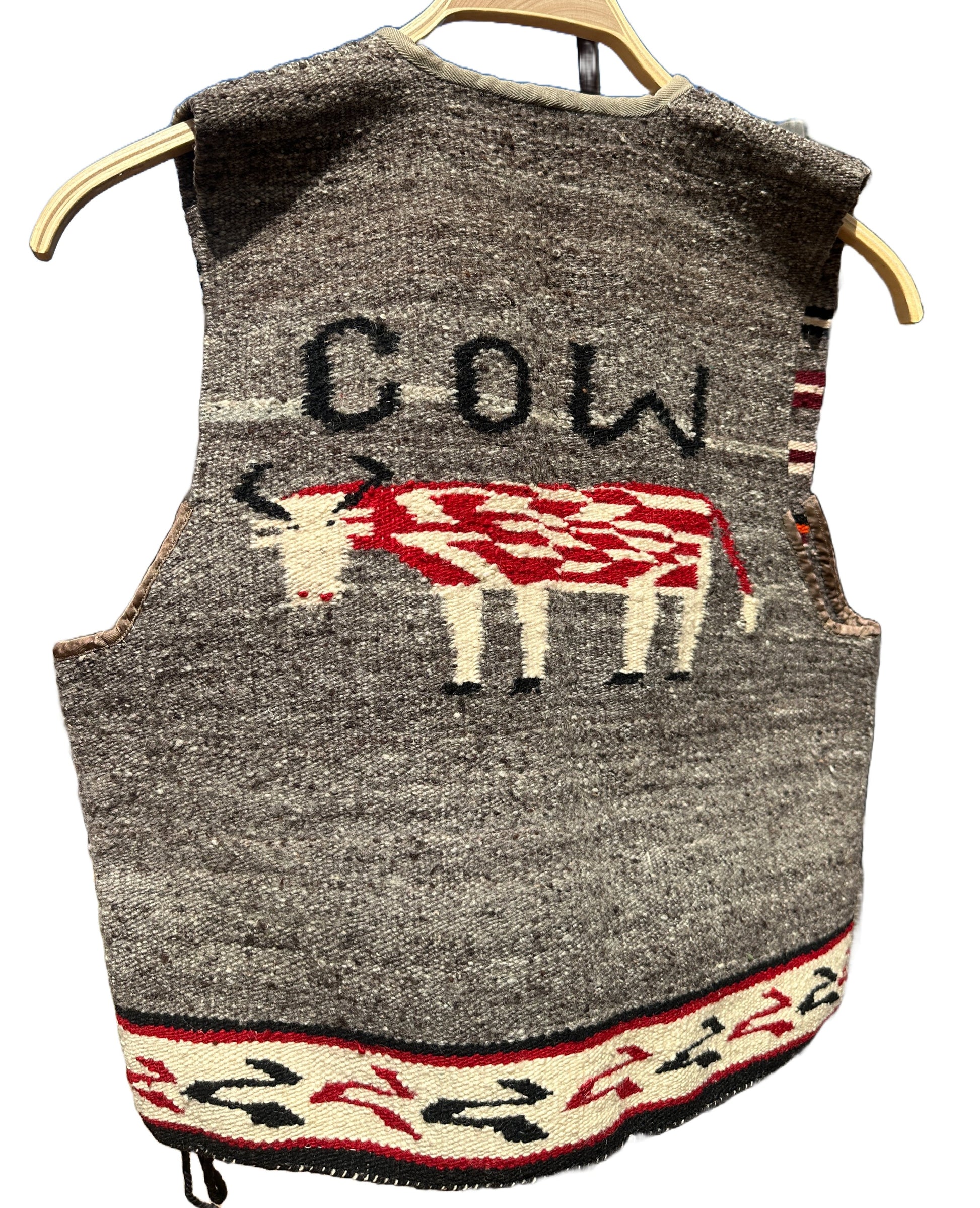 Vintage Navajo Pictorial Cow Vest of Handwoven Wool - Turquoise & Tufa