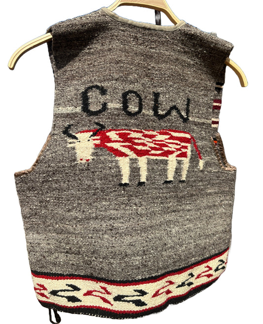 Vintage Navajo Pictorial Cow Vest of Handwoven Wool - Turquoise & Tufa