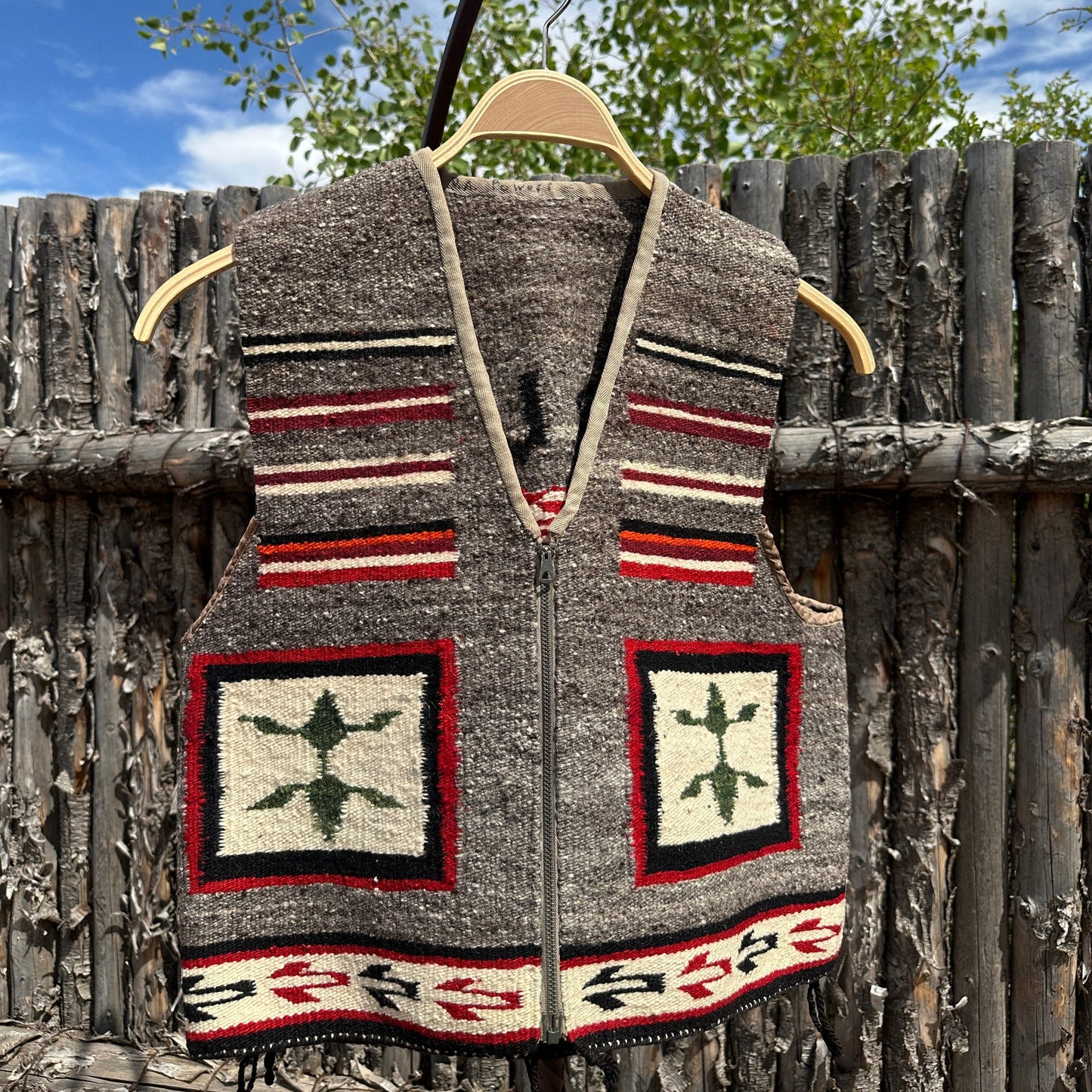 Vintage Navajo Pictorial Cow Vest of Handwoven Wool - Turquoise & Tufa