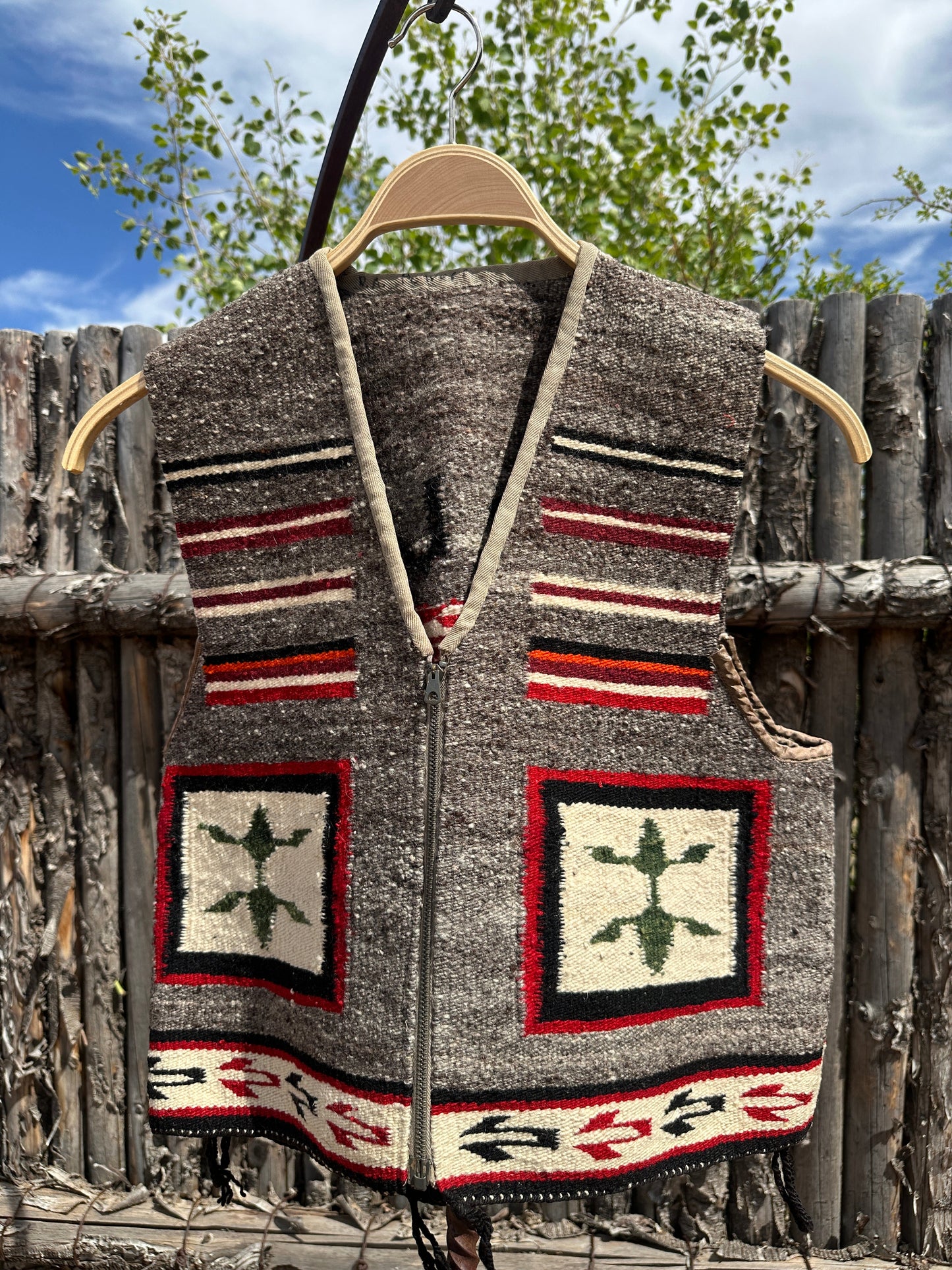Vintage Navajo Pictorial Cow Vest of Handwoven Wool - Turquoise & Tufa